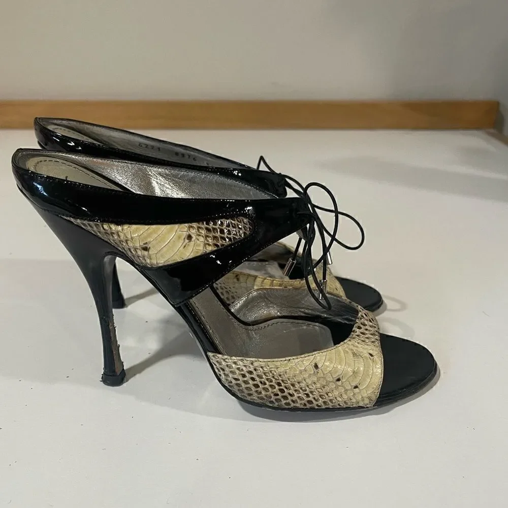 Dolce & Gabbana Snakeskin and Patent Leather Open Toe Heels